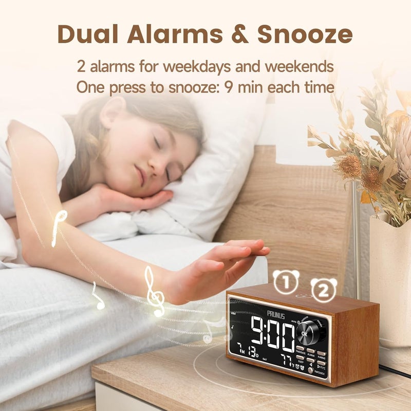 PRUNUS J-177 Retro Vintage Alarm Clock Radio with Fast Wireless Charging, Dual Alarms, Snooze, Large LED Display,Dimmer Control,Auto-Dimming,Retro Clock for Bedroom - Image 3
